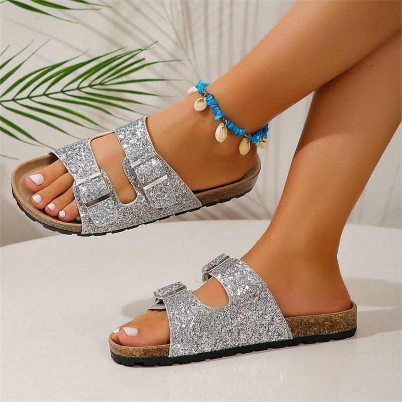 Cheky - Double Buckle Sandals For Women New Fashion Sequined Beach Shoes Summer Leisure Outdoor Slippers Slides