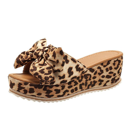 Cheky - Fashion Bow Leopard Print Wedge Slippers For Women New Thick-sole High Heel Flat Shoes Summer Outdoor Fish Mouth Slippers