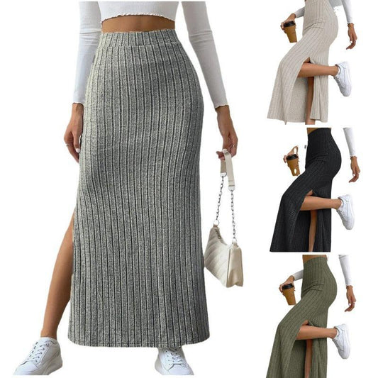 Cheky - Spring Long Skirt High Waist Side Slit Slim Fit Knitted Women's Dress