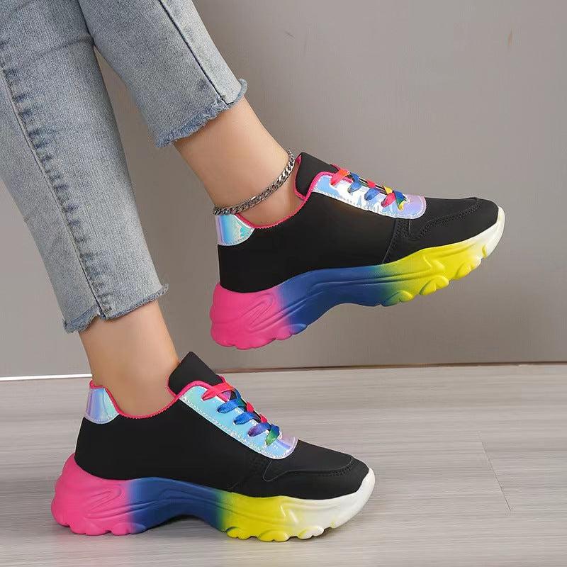 Cheky - INS Style Rainbow Color Sports Shoes For Women Thick Bottom Lace-up Sneakers Fashion Casual Lightweight Running Walking Shoes