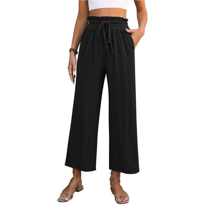 Cheky - Drawstring High Waist Straight Pants Summer Casual Solid Color Loose Wide Leg Trousers For Womens Clothing