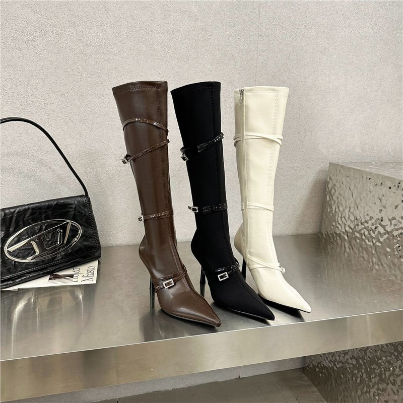 Cheky - Personalized Pointed Toe Belt Buckle Slimming High Stiletto Heel Boots