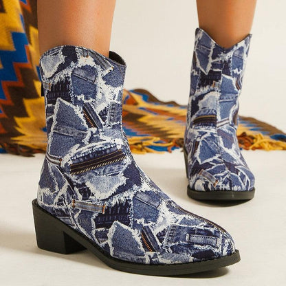 Cheky - Patchwork Denim Boots Fashion Autumn And Winter Outerwear Round Toe Square Heel Shoes With Back Zipper Casual Cowboy Boots