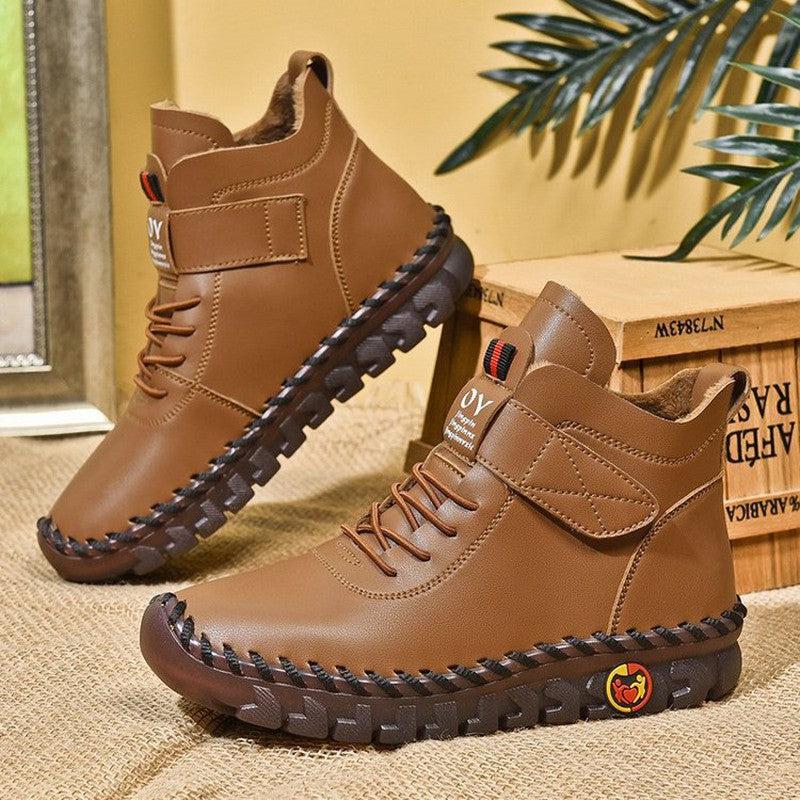 Cheky - Women Snow Boots Winter Warm Lace Up Plush Ankle Boots With Sewing Thread Design New Waterproof Non-slip Platform Cozy Shoes