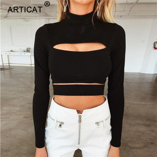 Cheky - Sexy Hollow Out T Shirt Women Fashion Turtleneck Long Sleeve Bandage Crop Top Casual Party Tshirt