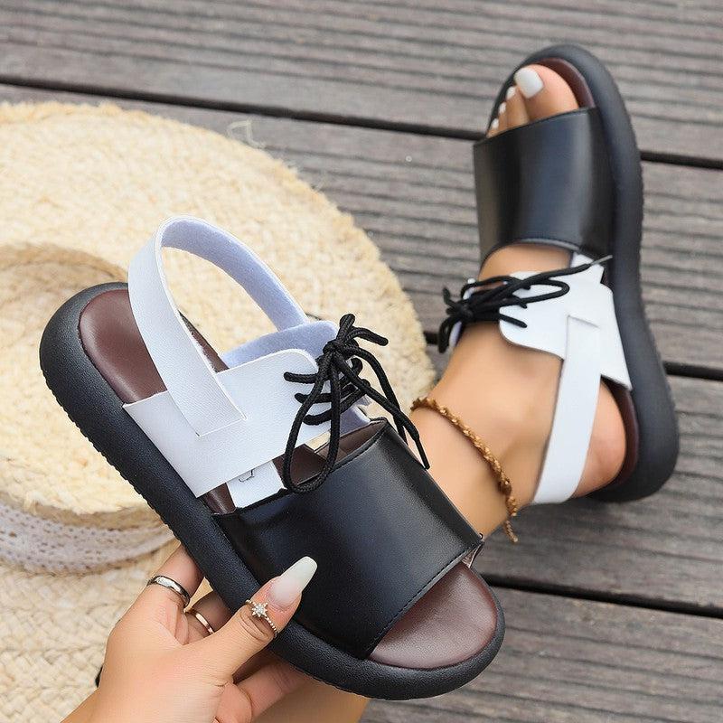 Cheky - Color-block Lace-up Roman Sandals For Women Summer New Fashion Flat Fish Mouth Beach Shoes