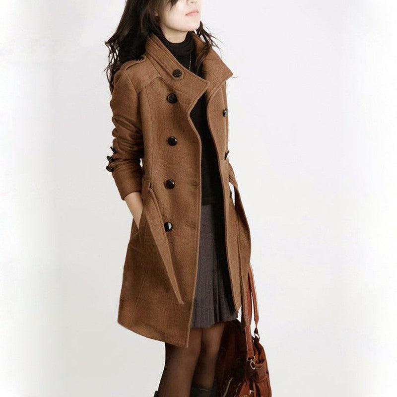 Cheky - Korean Style Slim Waist Plus Size Woolen Mid-length Woolen Coat