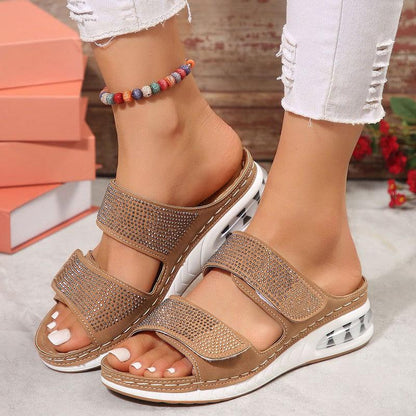 Cheky - New Air Cushion Wedges Sandals Summer Casual Rhinestone Slides Roman Sandals For Women Non-slip Beach Shoes