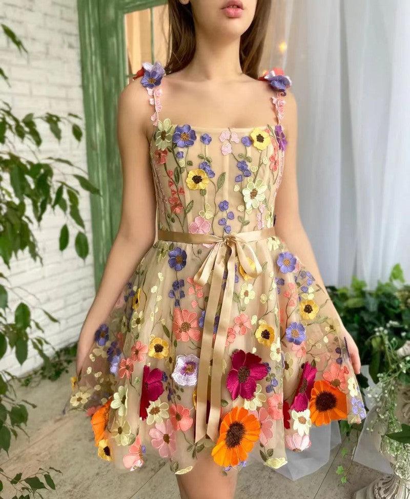 Cheky - Three-dimensional Flower Embroidery Dress Summer Fashion Sweet A-line Suspender Dresses For Womens Clothing