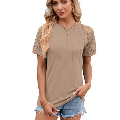 Cheky - Solid Color Round Neck Top Women's Lace Hollow Design Short Sleeve T-Shirt Summer Womens Clothing