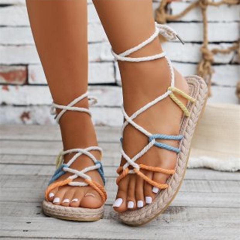 Cheky - Color-block Cross-strap Hemp Rope Sandals Summer Round Toe Flat Bottom Roman Shoes For Women Beach Shoes