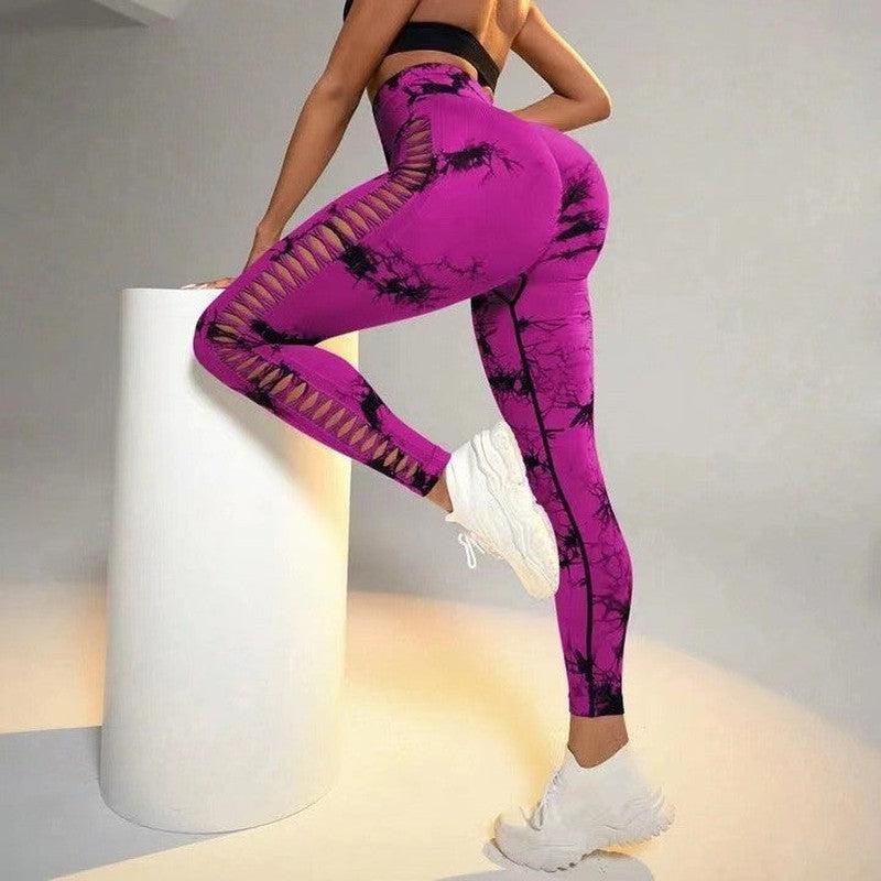 Cheky - Hollow Tie Dye Printed Yoga Pants High Waist Butt Lift Seamless Sports Gym Fitness Leggings Slim Pants For Women Tight Trousers