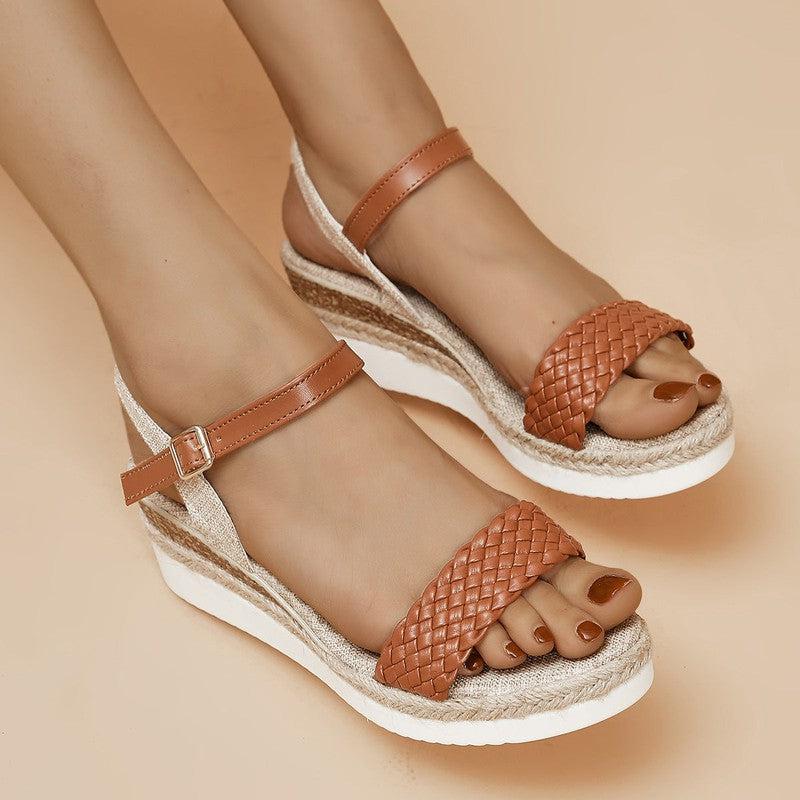 Cheky - Summer Thick-soled Braided Design Sandals New Fashion Casual Linen Buckle Wedges Shoes For Women