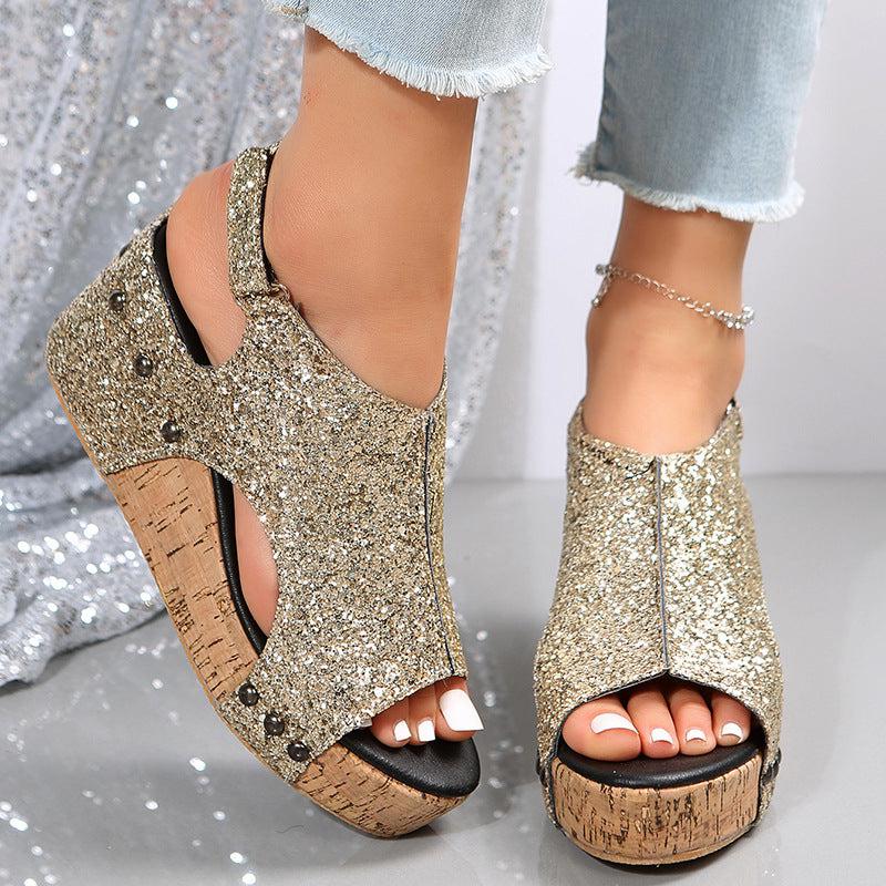 Cheky - Summer Chunky Wedges Sandals Fashion Sequins Velcro Shoes Women