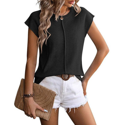 Cheky - New Knitted Round Neck Short-sleeved Top Summer Casual Loose Solid Color T-shirt Womens Clothing