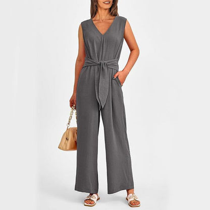 Cheky - New V-neck Sleeveless Long Jumpsuit With Pockets And Lace-up Design Wide-leg Straight Trousers Summer Womens Clothing