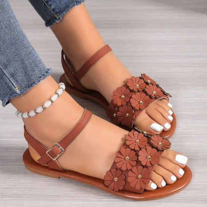 Cheky - Retro Flowers Sandals Summer Casual Versatile Round Toe Buckle Flat Beach Shoes For Women New Roman Shoes