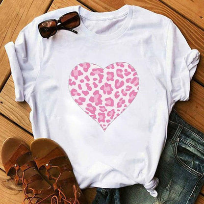 Cheky - Spring Women's Cartoon Leopard Print Heart Printing T-shirt