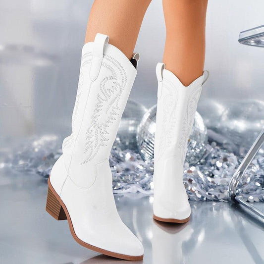 Cheky - White Knight Boots Fashion Embroidered Pointed Toe Square Heel Mid-calf Western Boots Women Autumn Winter Shoes