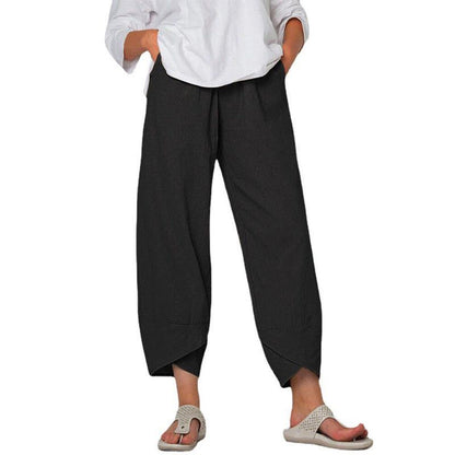 Cheky - Cotton And Linen Wide Leg Pants Solid Color High Waist Loose Casual Trousers For Women