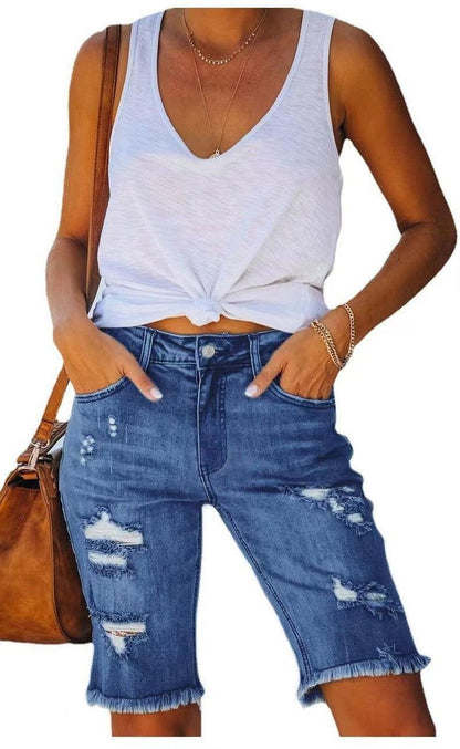 Cheky - Summer Mid-waist Slim-fit Cropped Pants Ripped Tassel Jeans For Women