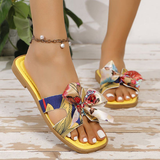 Cheky - Ribbon Bow Sandals Summer New Square Toe Low Heel Sandal For Women Slides Fashion Casual Beach Shoes