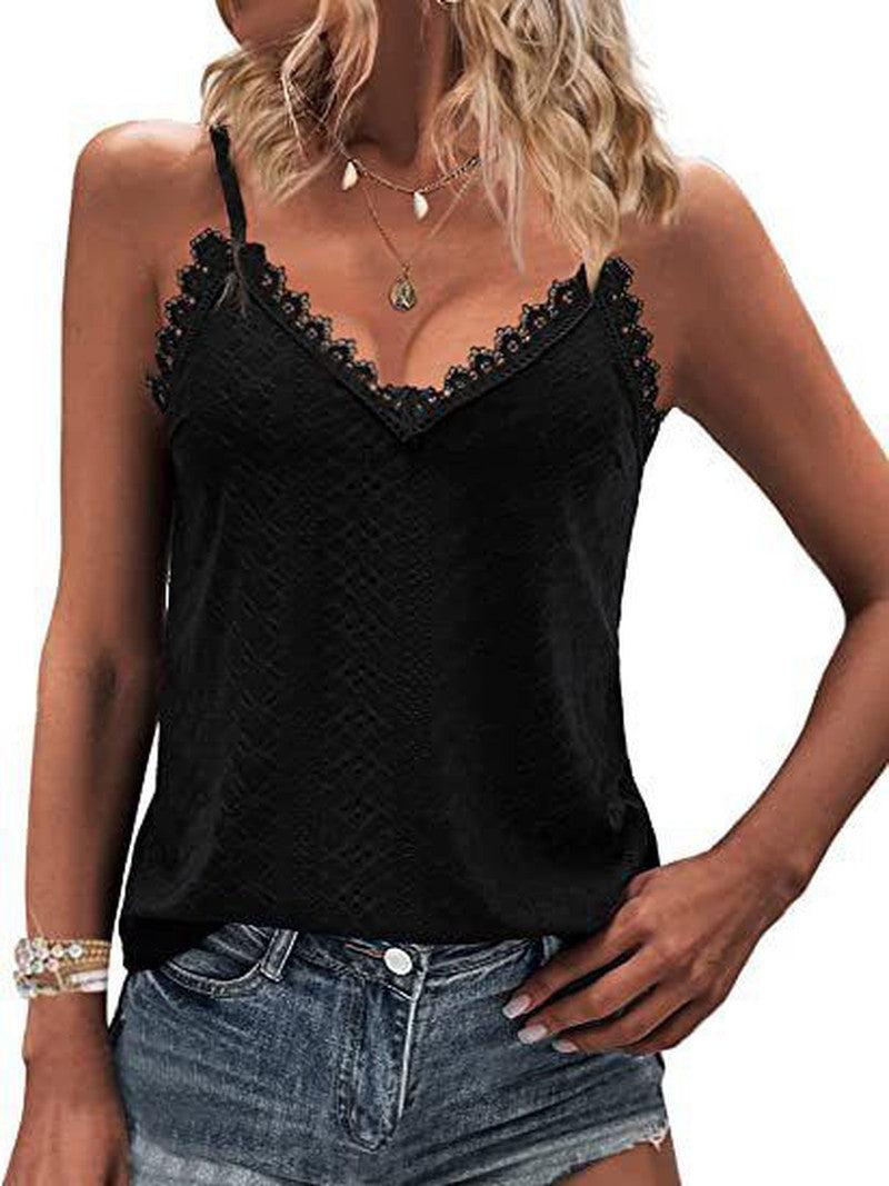 Cheky - Solid Color Hollow Lace Strappy T-shirt