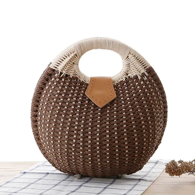 Cheky - Women's Natural Rattan Handwoven Round Shell Handbag Top-handle Bag Summer Fashion Bohemia Female Casual Tote Clutch Beach Bag