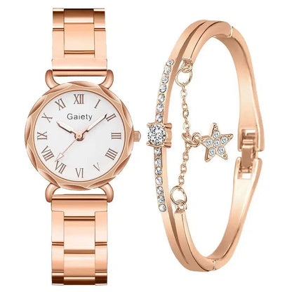 Cheky - Gaiety Brand 2pcs Set Casual Watch For Women Rhinestone Bracelet Watch Leather Ladies Wrist Clock Simple Dress Gfit Montre Femme