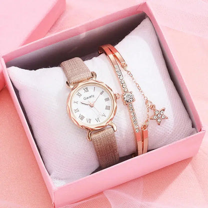 Cheky - Gaiety Brand 2pcs Set Casual Watch For Women Rhinestone Bracelet Watch Leather Ladies Wrist Clock Simple Dress Gfit Montre Femme