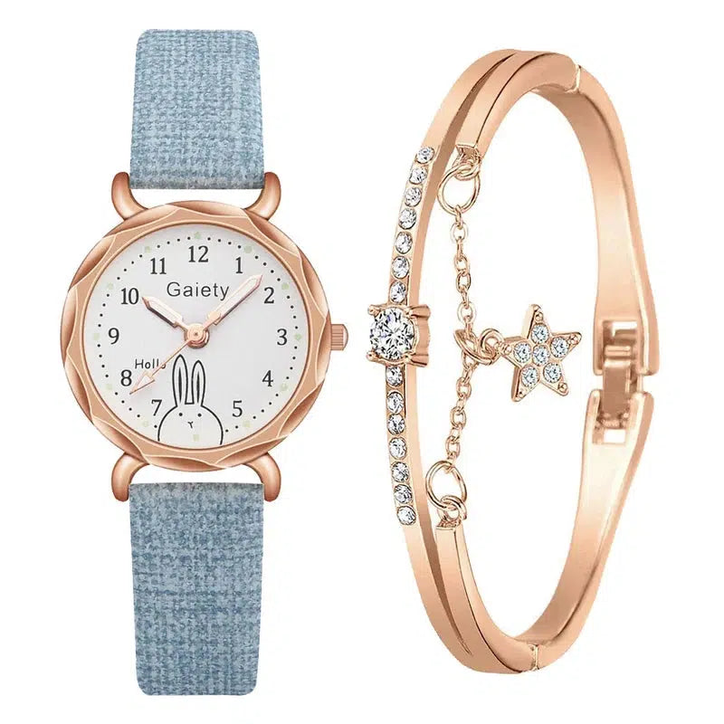 Cheky - Gaiety Brand 2pcs Set Casual Watch For Women Rhinestone Bracelet Watch Leather Ladies Wrist Clock Simple Dress Gfit Montre Femme