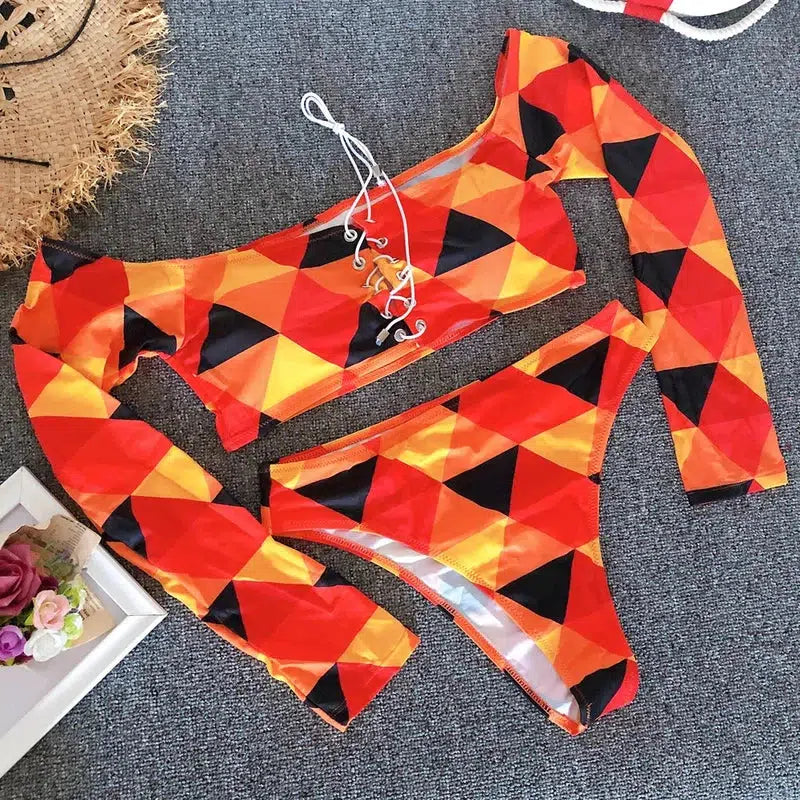 Cheky - Bikinis 2024 Swimwear Push Up Bikini Set Brasileño Long Sleeve Thong Bandage Plus Size Tankini Women Swimsuit Biquini High Waist