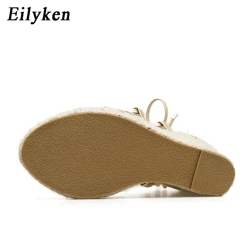 Cheky - Eilyken 2024 New Champagne Gold Wedges Sandals Women Lace-Up Peep Toe Summer High Heels Elegant Ankle Strap Shoes Large Size 42