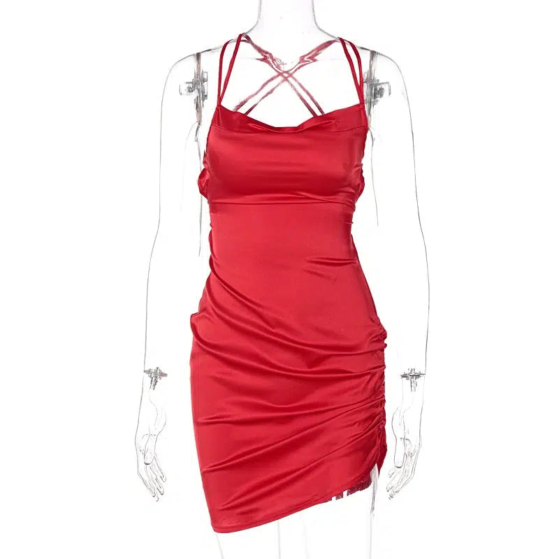 Cheky - Satin Women Strap Mini Dress Ruched