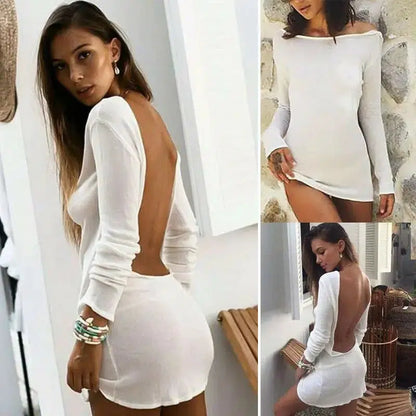 Cheky - Sexy Backless White Evening Party Dress Women Elegant Long Sleeve Solid Color Loose Club Holiday Casual Mini Dress