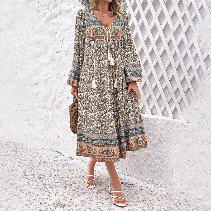 Cheky - Women's Fashion Casual Holiday Long Sleeve Printed Maxi Dress