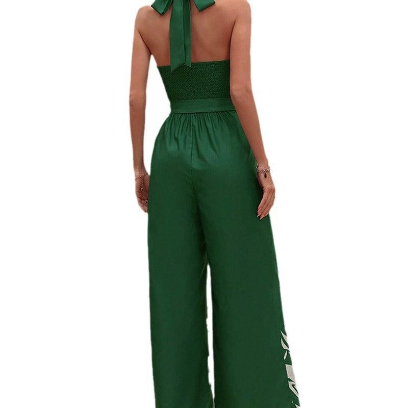 Cheky - Printing Series Belt Halter Backless Jumpsuit For Women