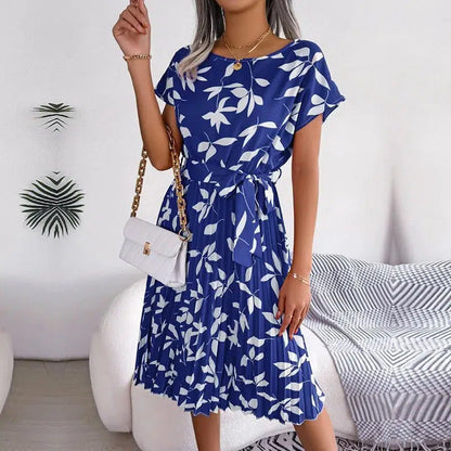 Cheky - Women Spring Summer Short Sleeve High Waist Chic Dress Fashion Floral Pleated A Line Long Dress