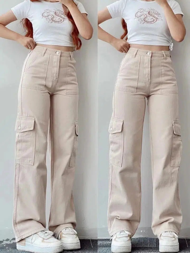 Cheky - Women Vintage Cargo Pants Streetwear Techwear Korean Harajuku Parachute Pants Beige Sweatpants Wide Leg Joggers Trousers