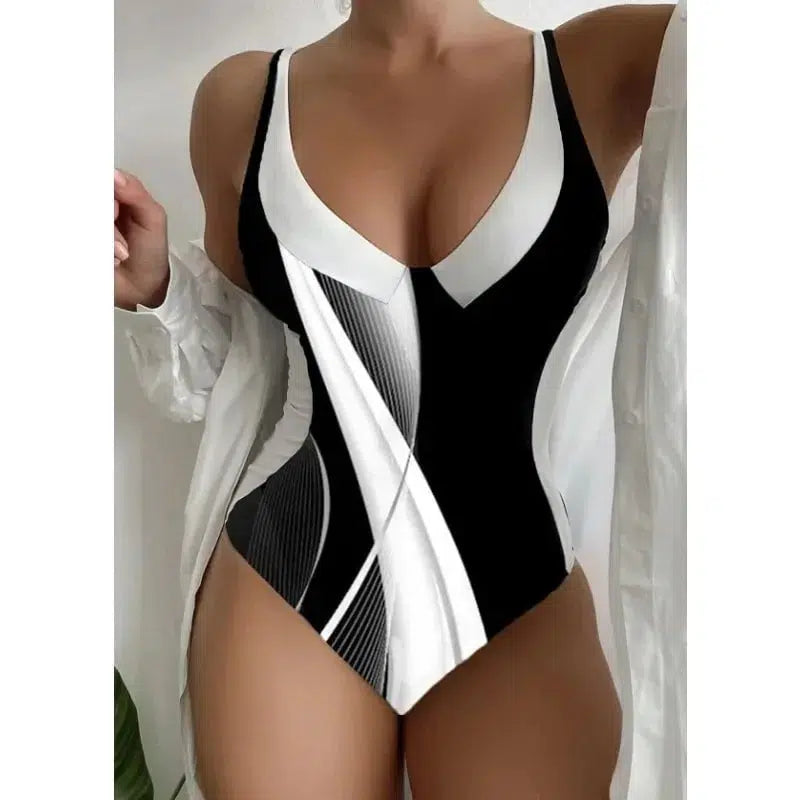 Cheky - One Piece High Waisted Swimsuit Women Push Up Padded Swimwear Female V-Neck Bathing Suits Swimwear Bodysuit Beachwear