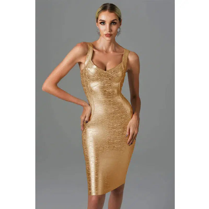 Cheky - New Women Summer Style Sexy Sleeveless Backless Gold Silver Bronzing Midi Bodycon Bandage Dress Elegant Evening Party Dress