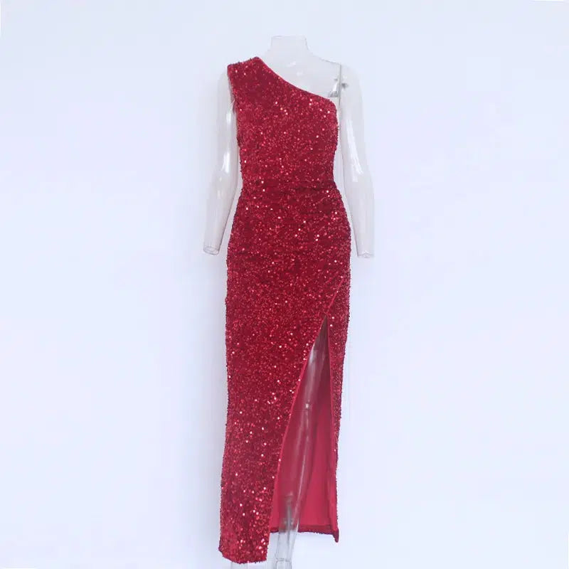 Cheky - Party Dresses For Women Sexy Sequin Night Robe One Shoulder Sleeveless Bodycon Evening Maxi Dress Clothing New Arrivals