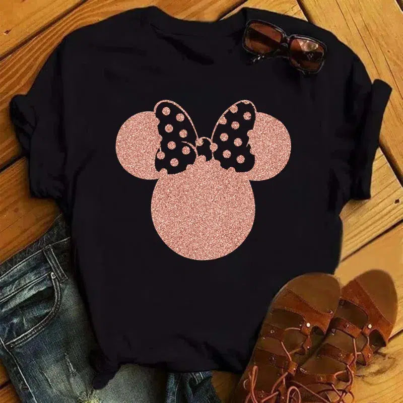 Cheky - Disney T Shirt Women Flower Minnie Mouse Clothes Leopard Print Kawaii T-Shirt Summer Tops Harajuku Black Women Tees