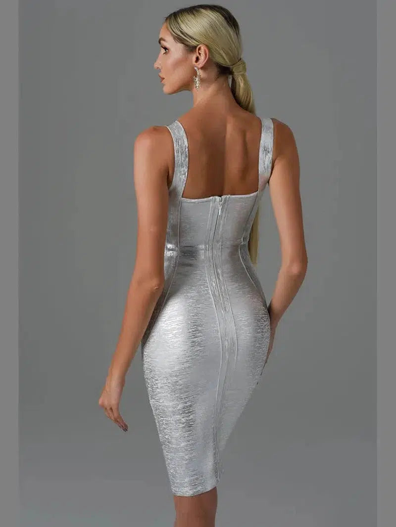 Cheky - New Women Summer Style Sexy Sleeveless Backless Gold Silver Bronzing Midi Bodycon Bandage Dress Elegant Evening Party Dress