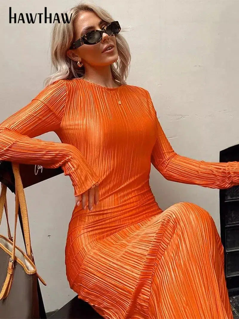 Cheky - Hawthaw Women Fashion Long Sleeve Streetwear Bodycon Orange Midi Dress Autumn Clothes Wholesale Items For Business