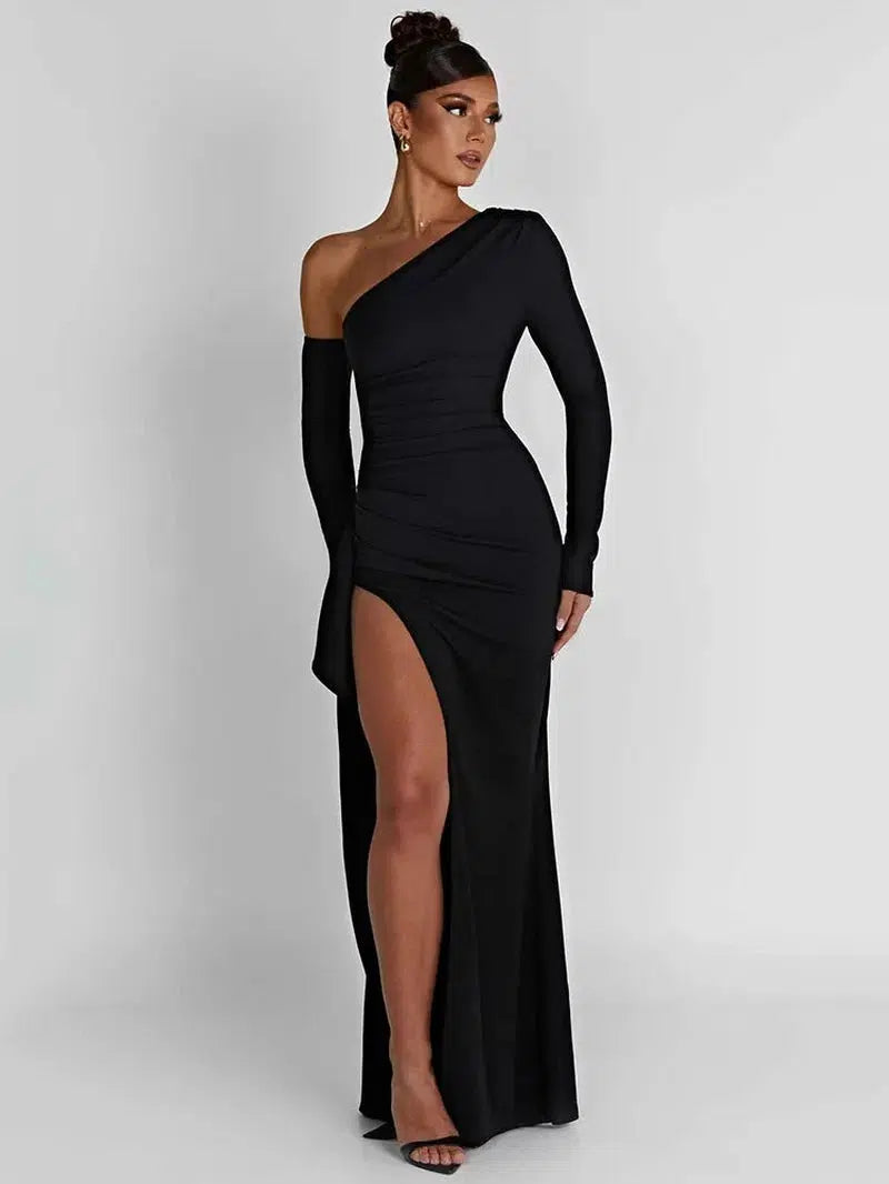 Cheky - Mozision Oblique Shoulder Thigh High Split Maxi Dress Women Long Sleeve Backless Bodycon Sexy Club Party Long Dress Vestidos