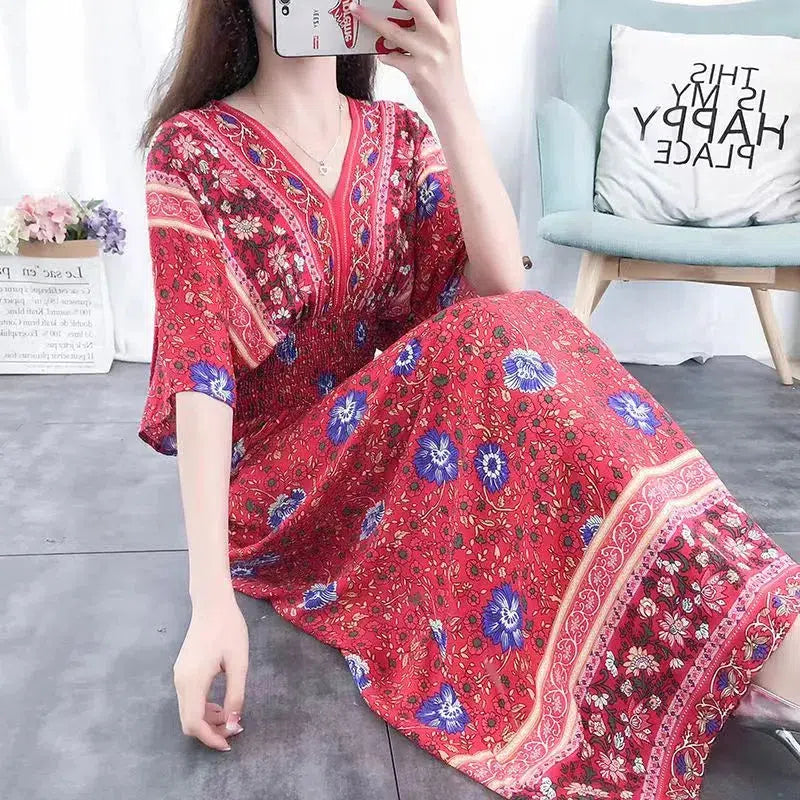 Cheky - Elegant Sweet Bohemian Style V-neck Elastic Waist Loose Large Swing Flower Printed Girls Summer Dress for Woman Skirt