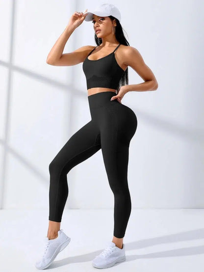 Cheky - Women Yoga Set 2/Pcs Seamless Workout Outfits Yoga Sportswear Tracksuit Leggings And Thin Shoulder Strap Stretch Sports Bra Fitn