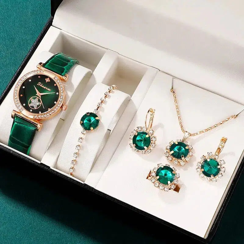 Cheky - 6PCS Set Green Luxury Quartz Watch Women Ring Necklace Earring Rhinestone Fashion Wristwatch Casual Ladies Bracelet Watches