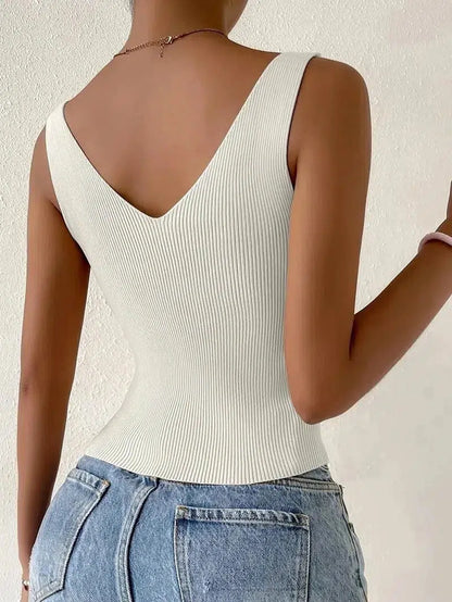 Cheky - New Summer Women Drawstring Front Ribbed Knit Tops Femme Sexy V Neck Sleeveless Crop Top Clothes High Stretch Split Cropped Tank